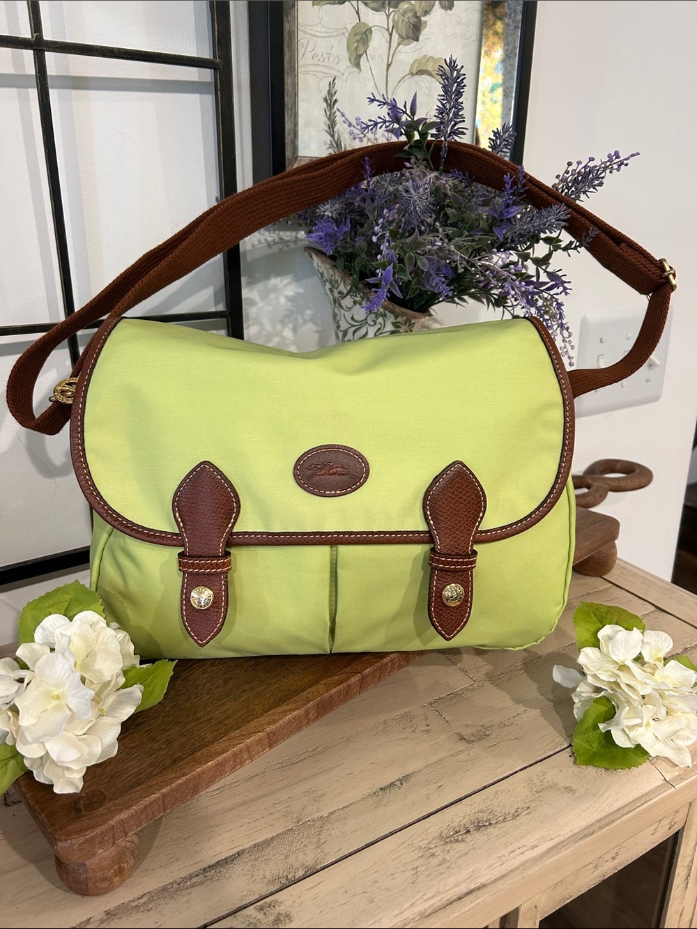 Longchamp Lime Green and Brown Canvas Crossbody Travel Bag